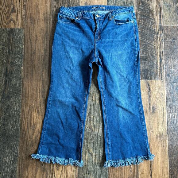 Michael Kors Women’s Jeans Size 10 Blue Denim Frayed Hem Flare Crop - Picture 1 of 6